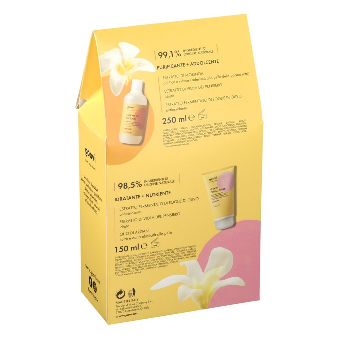 Dos du coffret cadeau Goovi jaune. Contient des informations sur les ingrédients et les quantités. Inscription : Karité Vanilla.