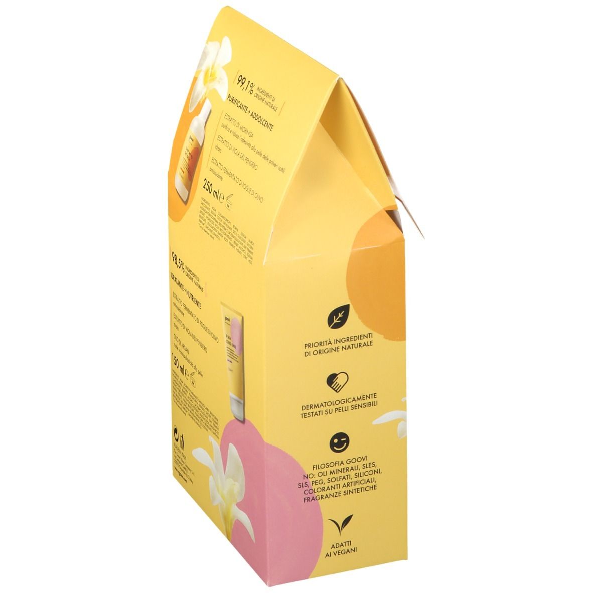 Dos du coffret cadeau Goovi jaune. Contient des informations sur les ingrédients et les certifications. Inscription : Karité Vanilla.