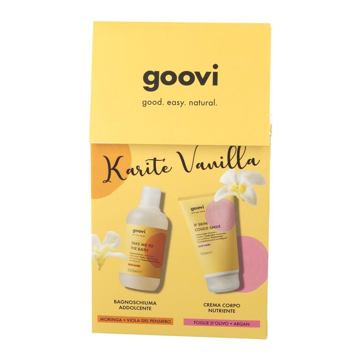 Coffret cadeau Goovi jaune avec gel douche et crème pour le corps. Inscription : Karité Vanilla. Produits sur fond rose.