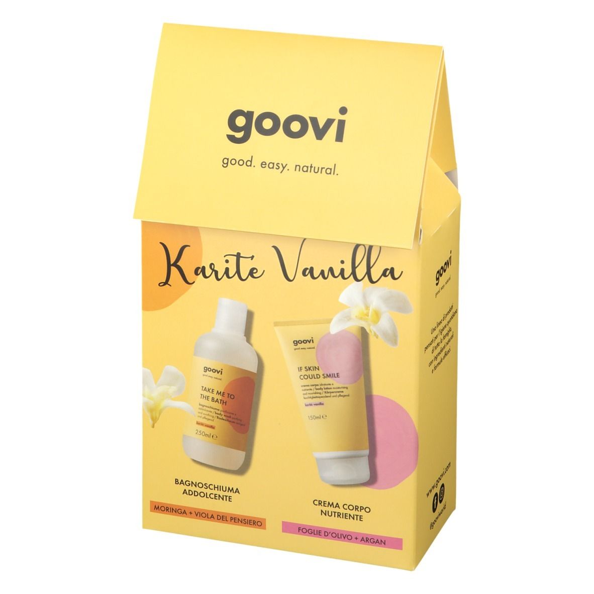 Coffret cadeau Goovi jaune avec gel douche et crème pour le corps. Inscription : Karité Vanilla. Produits sur fond rose.