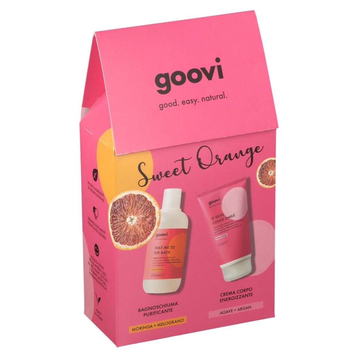 Coffret rose Goovi avec logo et nom du produit. Contient bain moussant et crème corps. Inscription : Sweet Orange.