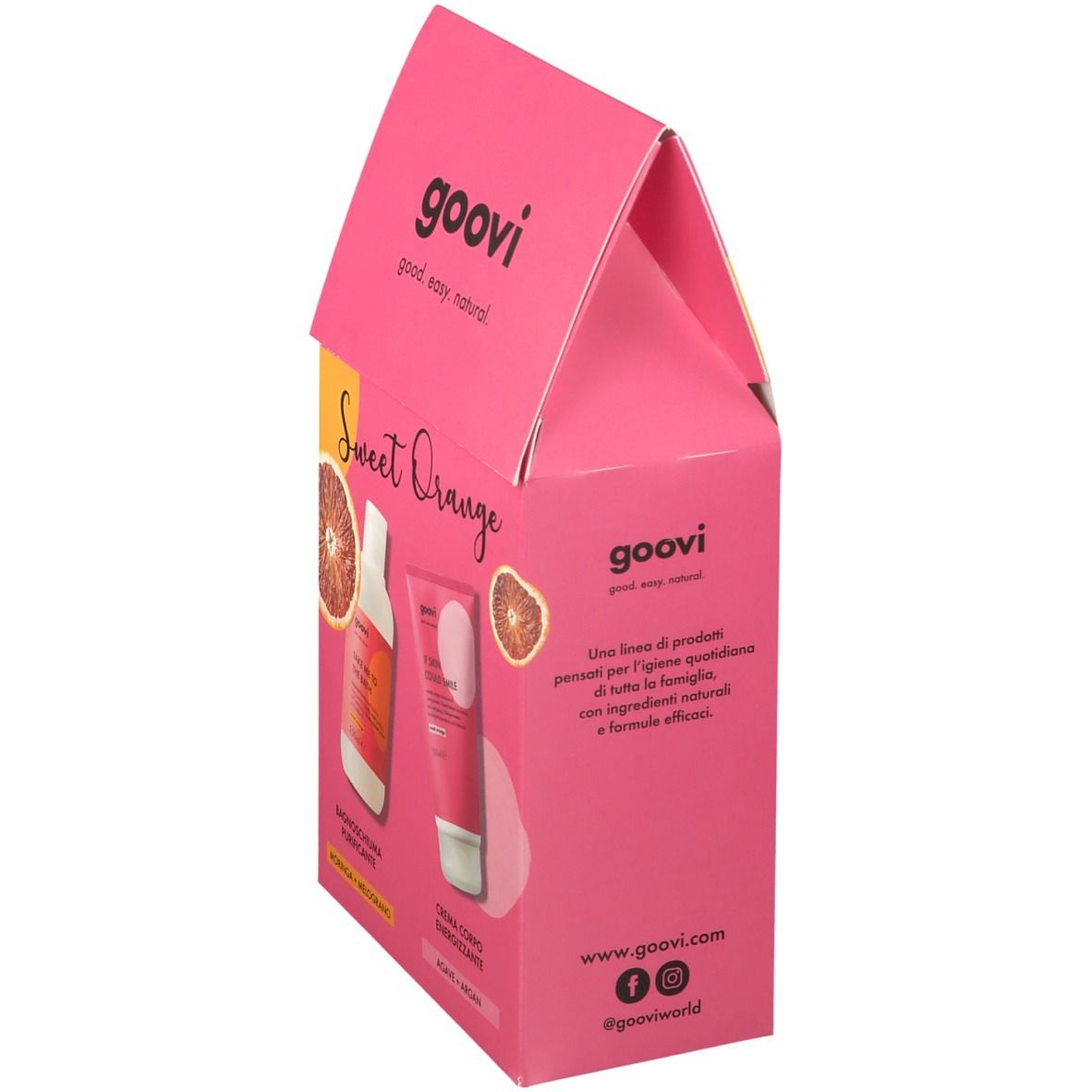 Coffret rose Goovi avec logo et nom du produit. Contient deux produits. Inscription : Sweet Orange. Vue latérale avec informations.