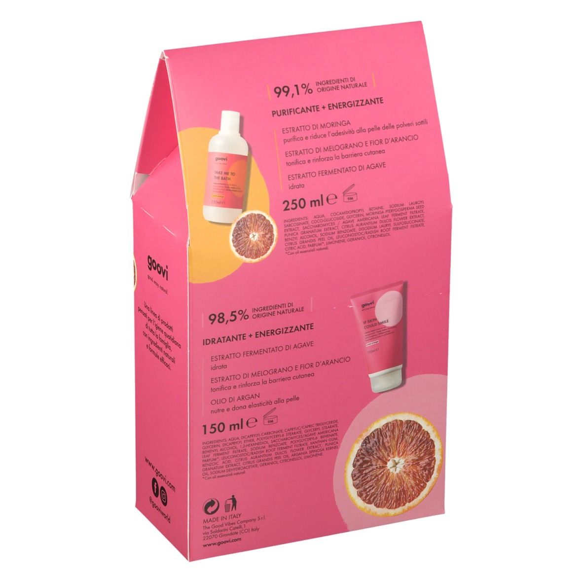 Dos du coffret rose avec informations produit. Contient ingrédients et quantités. Logo Goovi et noms des produits.