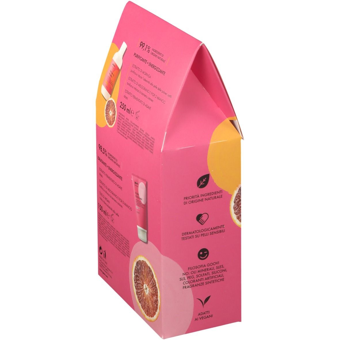 Vue latérale du coffret rose avec informations produit. Contient ingrédients et certifications. Logo Goovi et noms des produits.