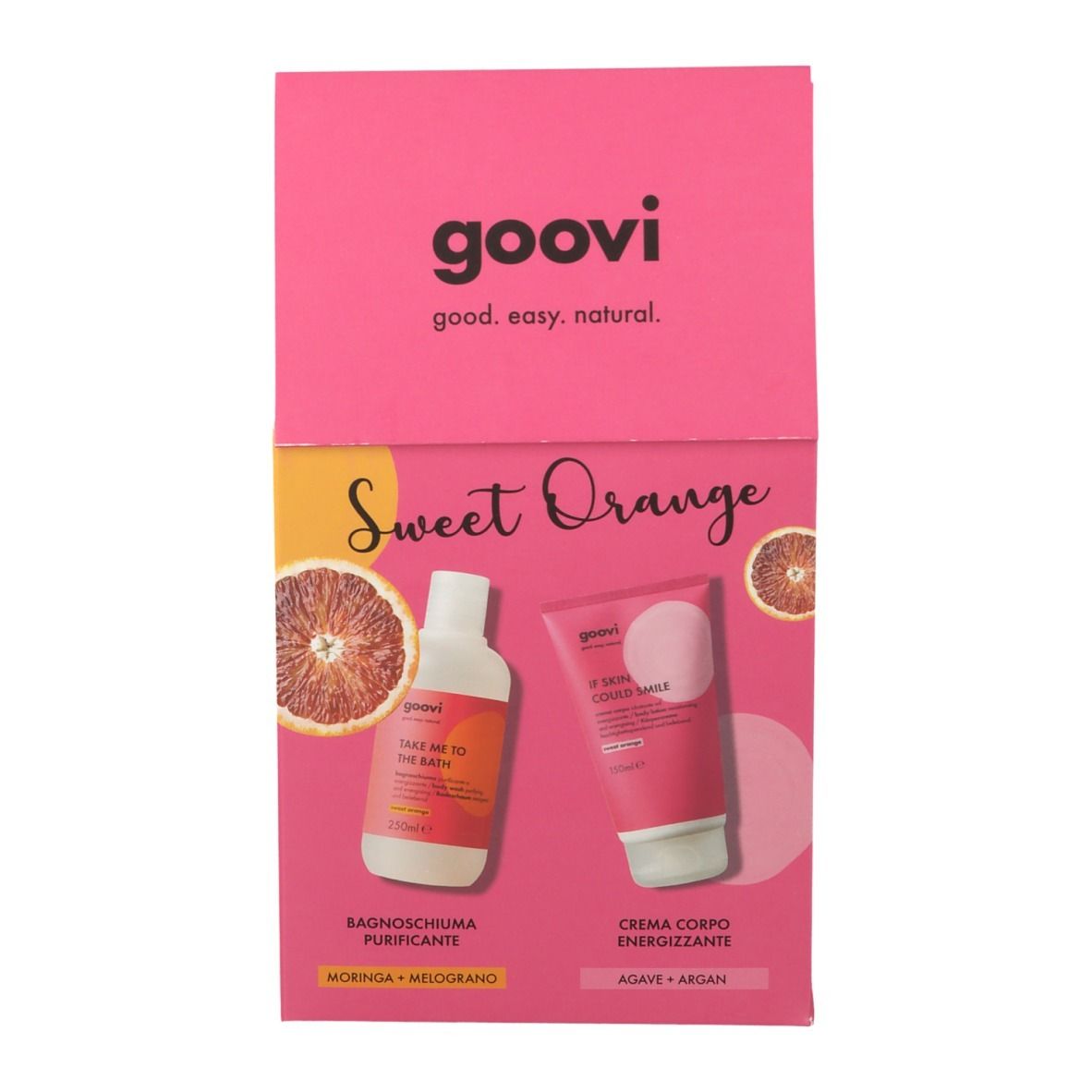 Coffret rose Goovi avec logo et nom du produit. Contient bain moussant et crème corps. Inscription : Sweet Orange.
