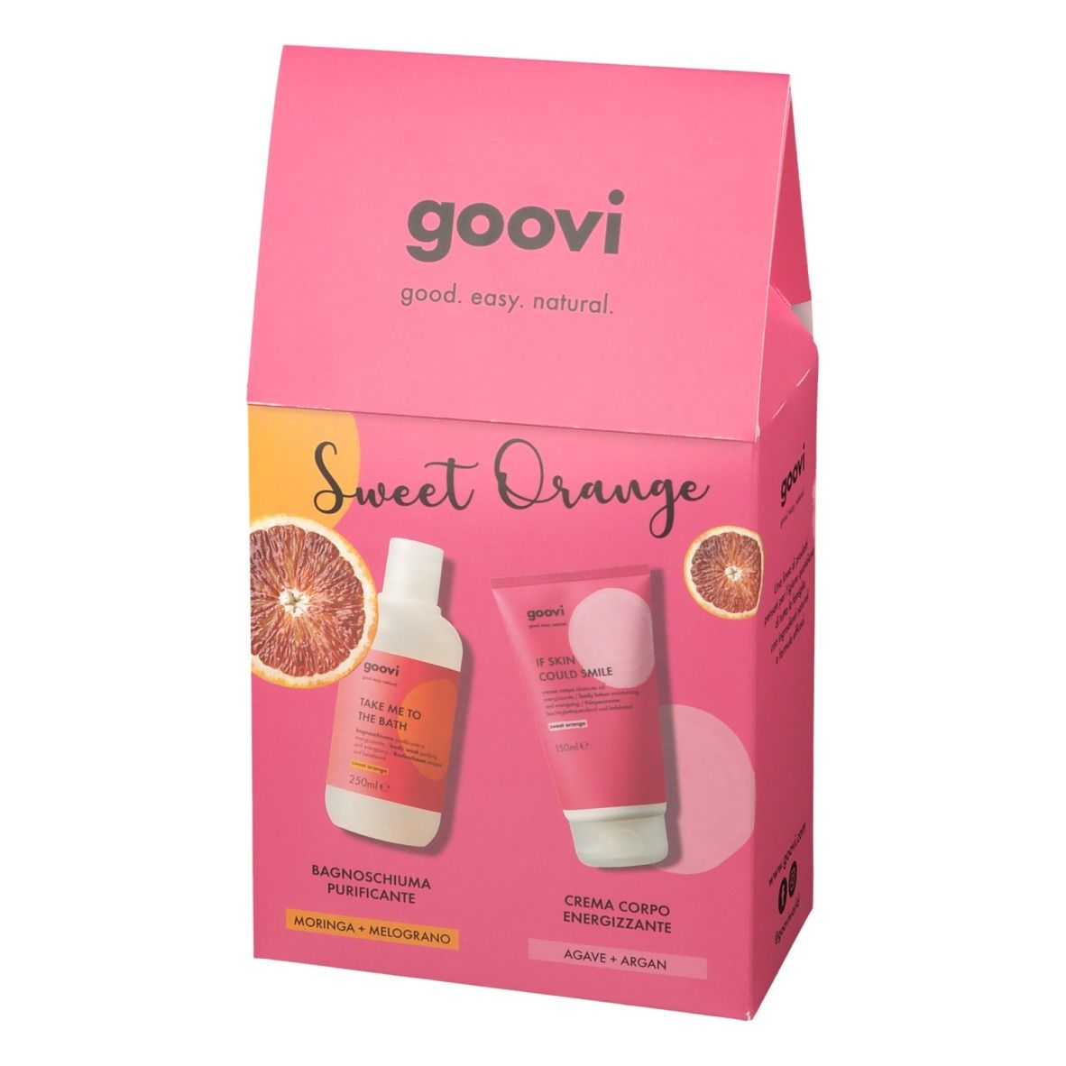 Coffret rose Goovi avec logo et nom du produit. Contient bain moussant et crème corps. Inscription : Sweet Orange.