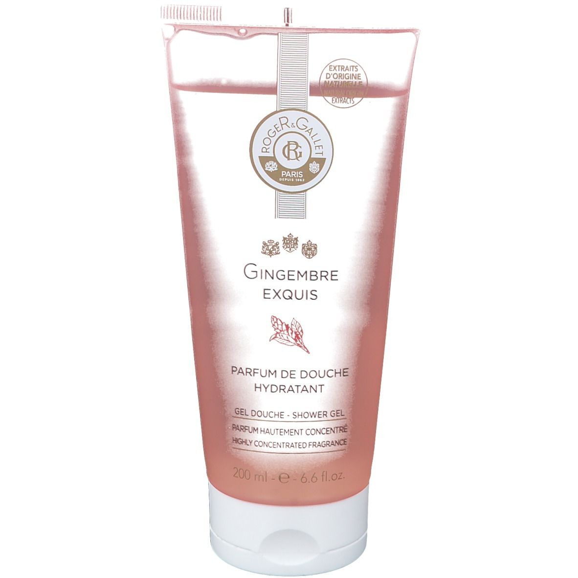 Durchsichtiges Duschgel in Tube. Etikett mit Produktnamen und Logo. Rosa Flüssigkeit sichtbar.