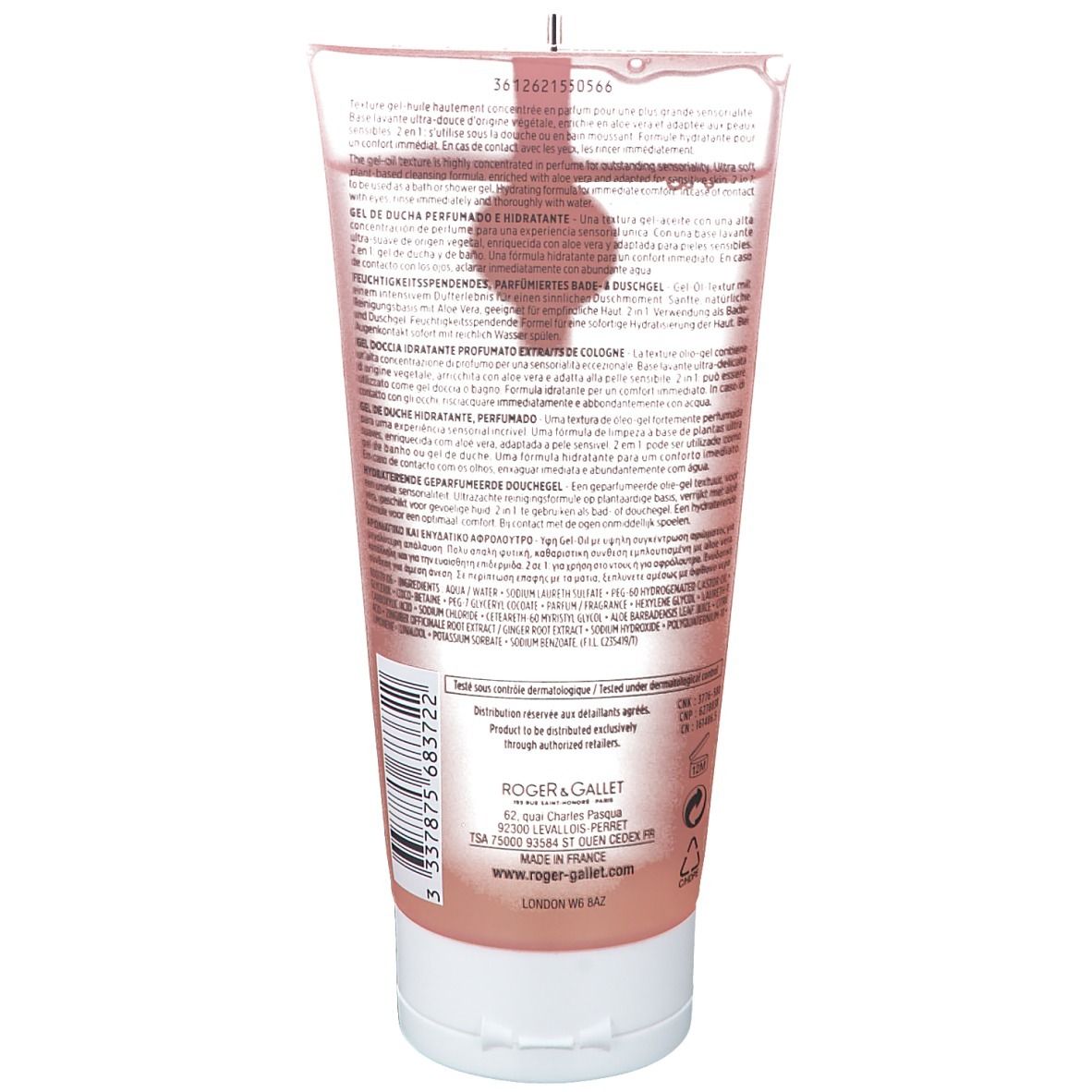 Rückseite der Tube. Text und Barcode auf Etikett. Rosa Flüssigkeit sichtbar.