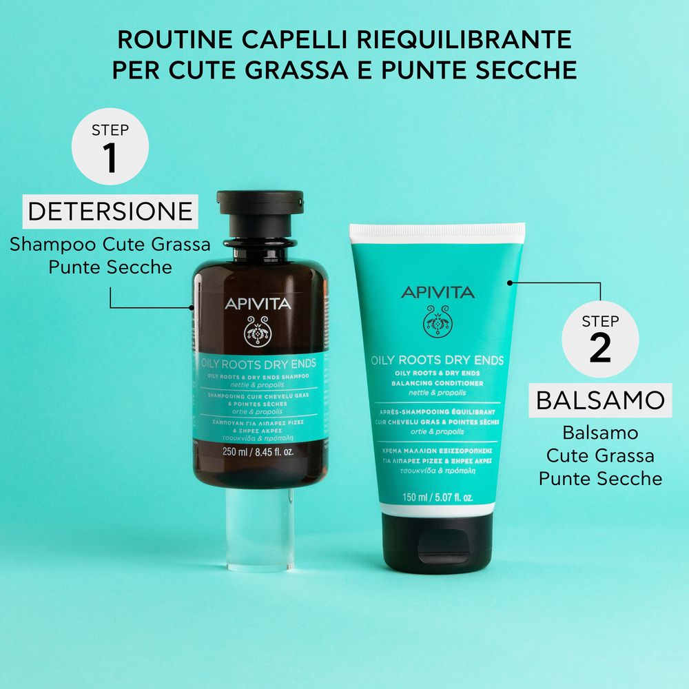 Deux flacons : shampooing et après-shampooing. Texte : Shampooing racines grasses pointes sèches, après-shampooing.