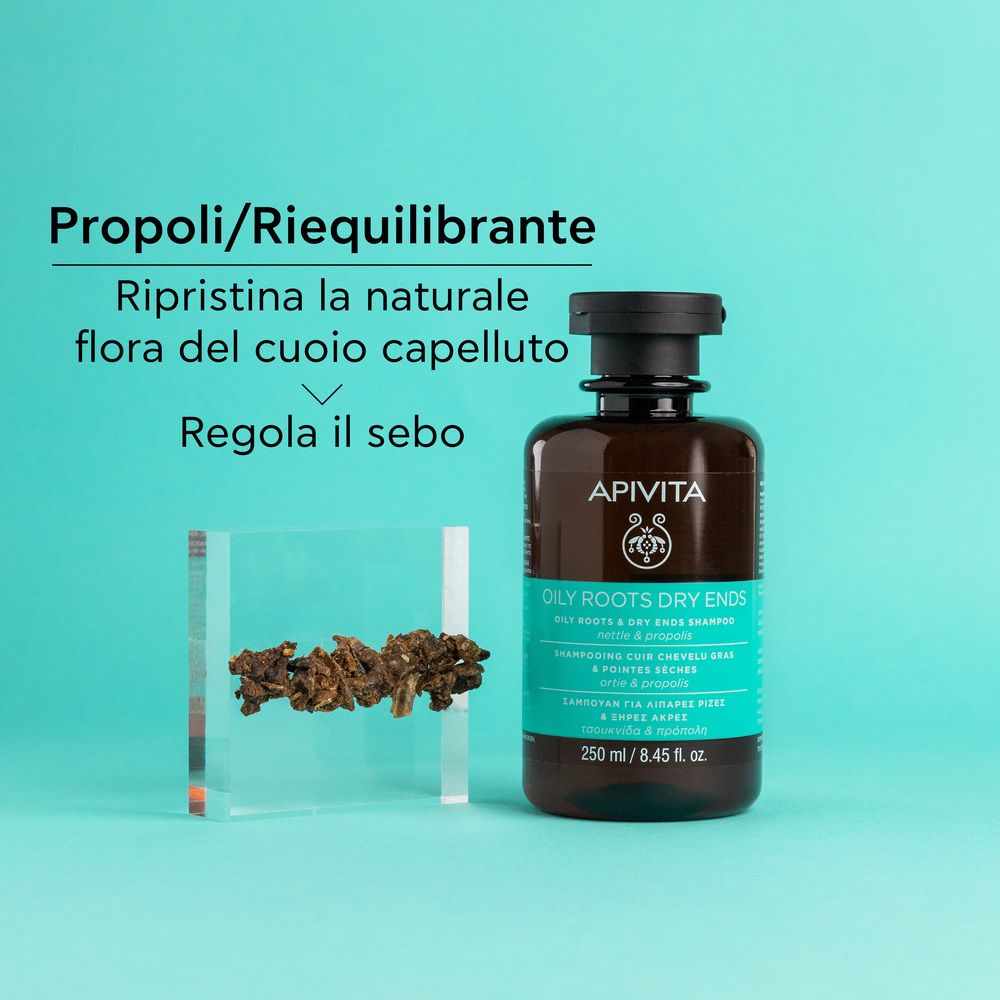 Flacon de shampooing à côté d'herbes. Texte : Propolis/Rééquilibrant, restaure la flore naturelle, régule le sébum.