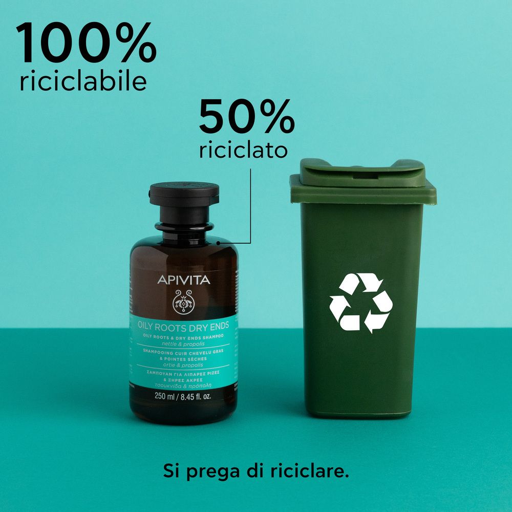 Flacon de shampooing à côté d'une poubelle. Texte : 100% recyclable, 50% recyclé. Veuillez recycler.