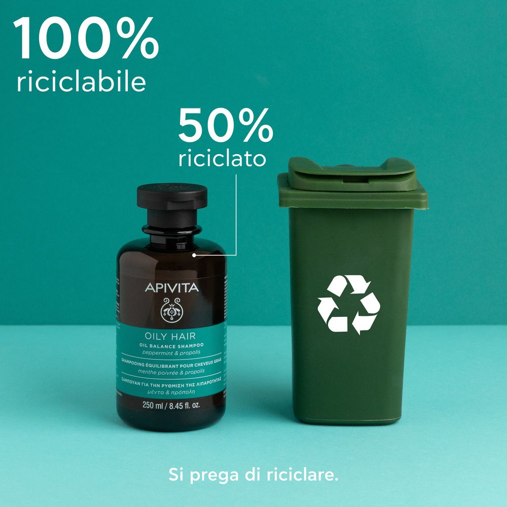 Flacon et poubelle. Textes: 100% recyclable, 50% recyclé. Veuillez recycler.