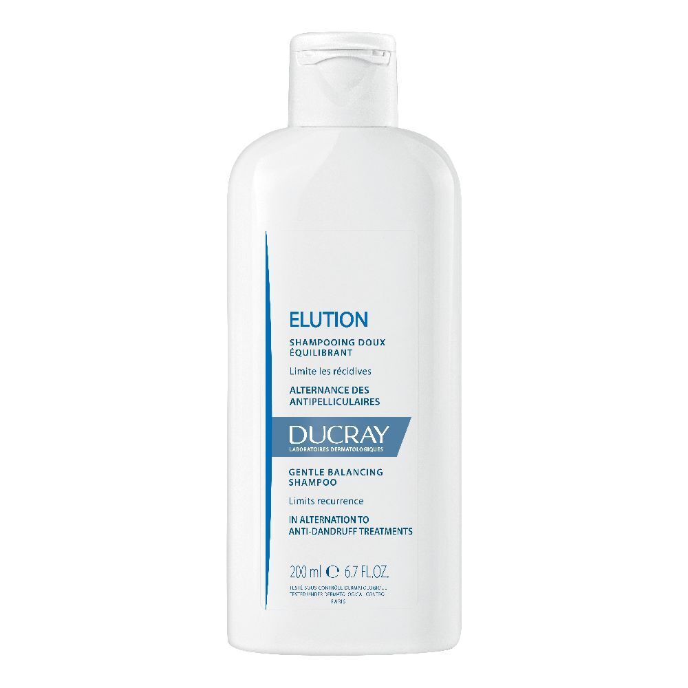 Flacon blanc DUCRAY ELUTION. Inscriptions bleues. Bouchon blanc. Shampooing équilibrant.
