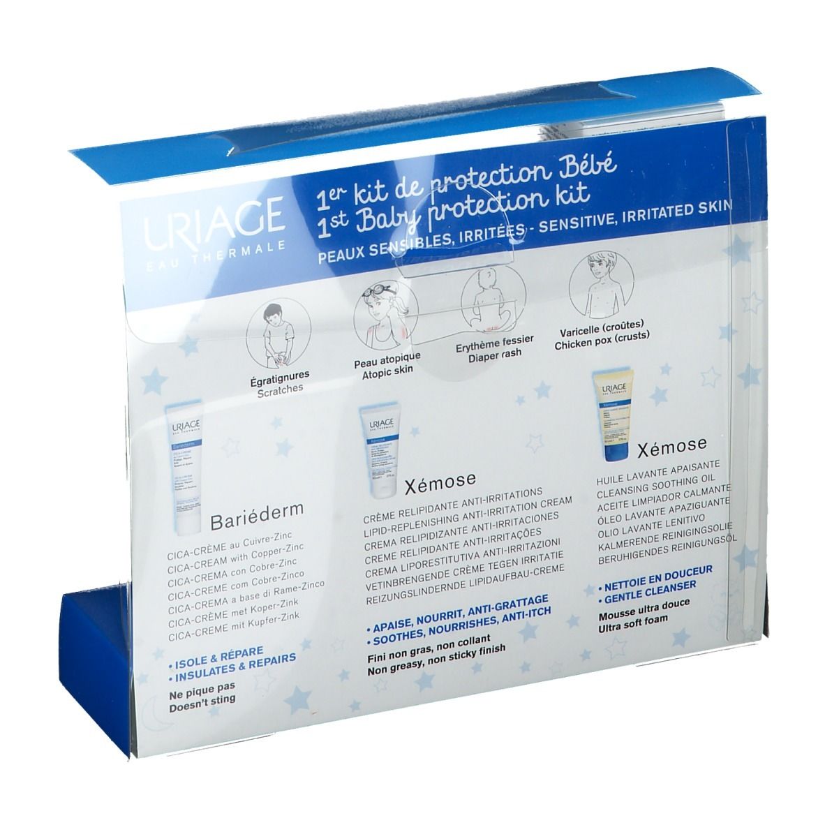 Rückseite des Baby-Schutz-Kits. Zeigt Produktinformationen und Illustrationen. Enthält Creme und Reinigungsöl. Text auf Französisch.