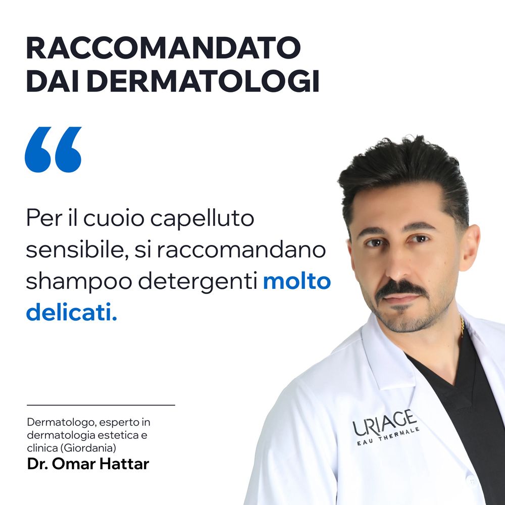 Ein Dermatologe in einem weißen Kittel mit Uriage-Logo. Text: 'Von Dermatologen empfohlen'.
