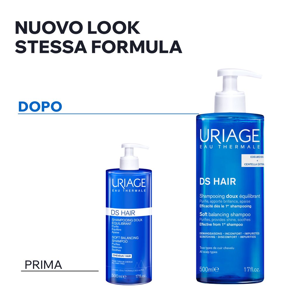 Zwei Uriage DS Hair Shampooflaschen, eine kleine (vorher) und eine große (nachher), beide mit Pumpspender.