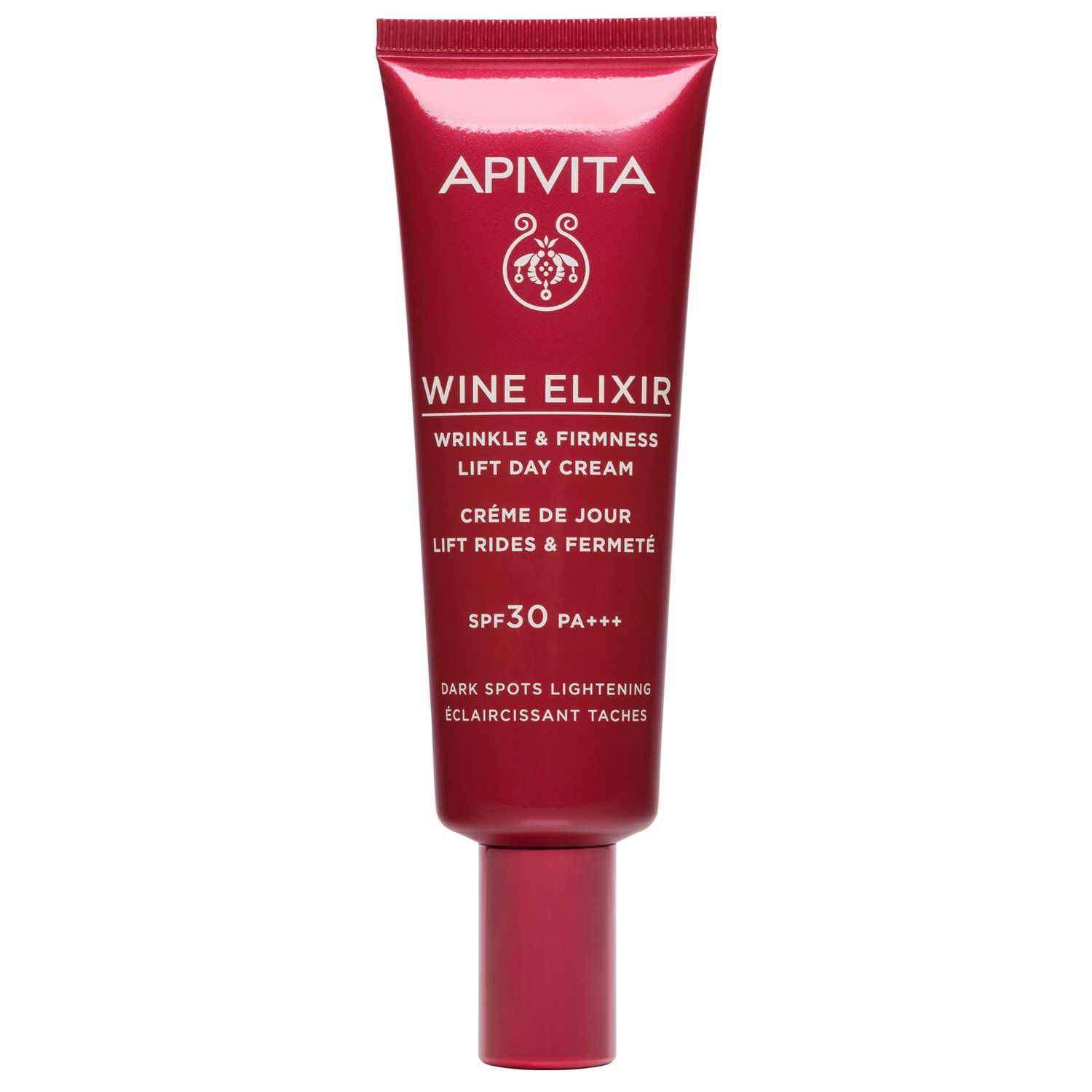 Rote Tube mit weißer Schrift. Aufschrift: APIVITA, WINE ELIXIR, Lift Tagescreme LSF 30. Produkt für Falten & Festigkeit.