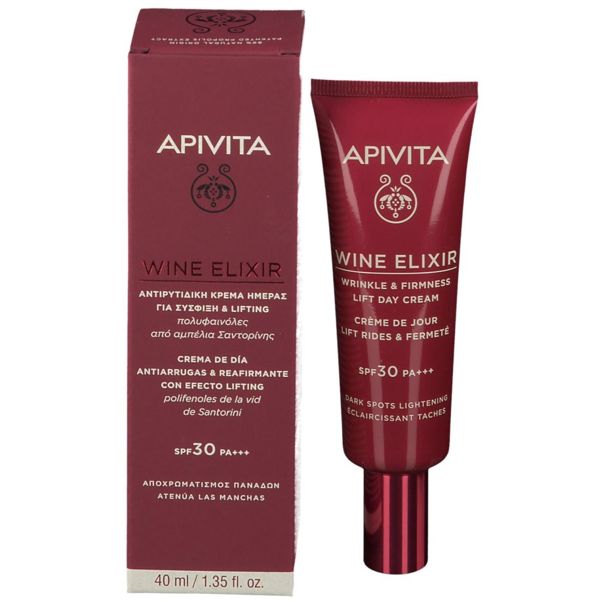 Produktverpackung mit Tube. Aufschrift: APIVITA, WINE ELIXIR, Lift Tagescreme LSF 30. Produkt für Falten & Festigkeit. Inhalt: 40 ml.