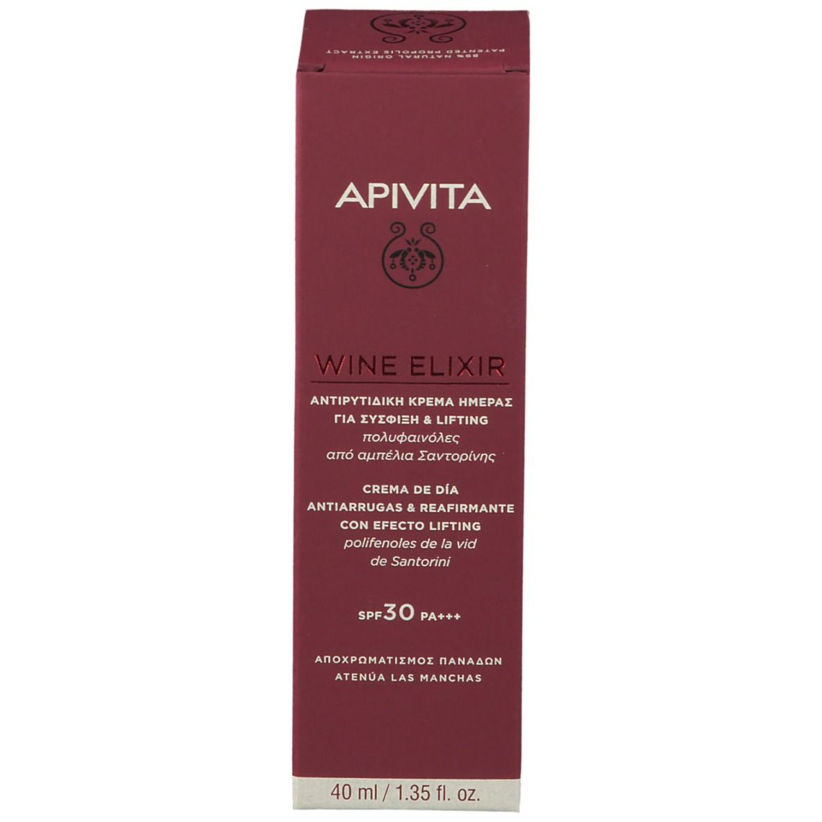 Produktverpackung. Aufschrift: APIVITA, WINE ELIXIR, Lift Tagescreme LSF 30. Produkt für Falten & Festigkeit. Inhalt: 40 ml.