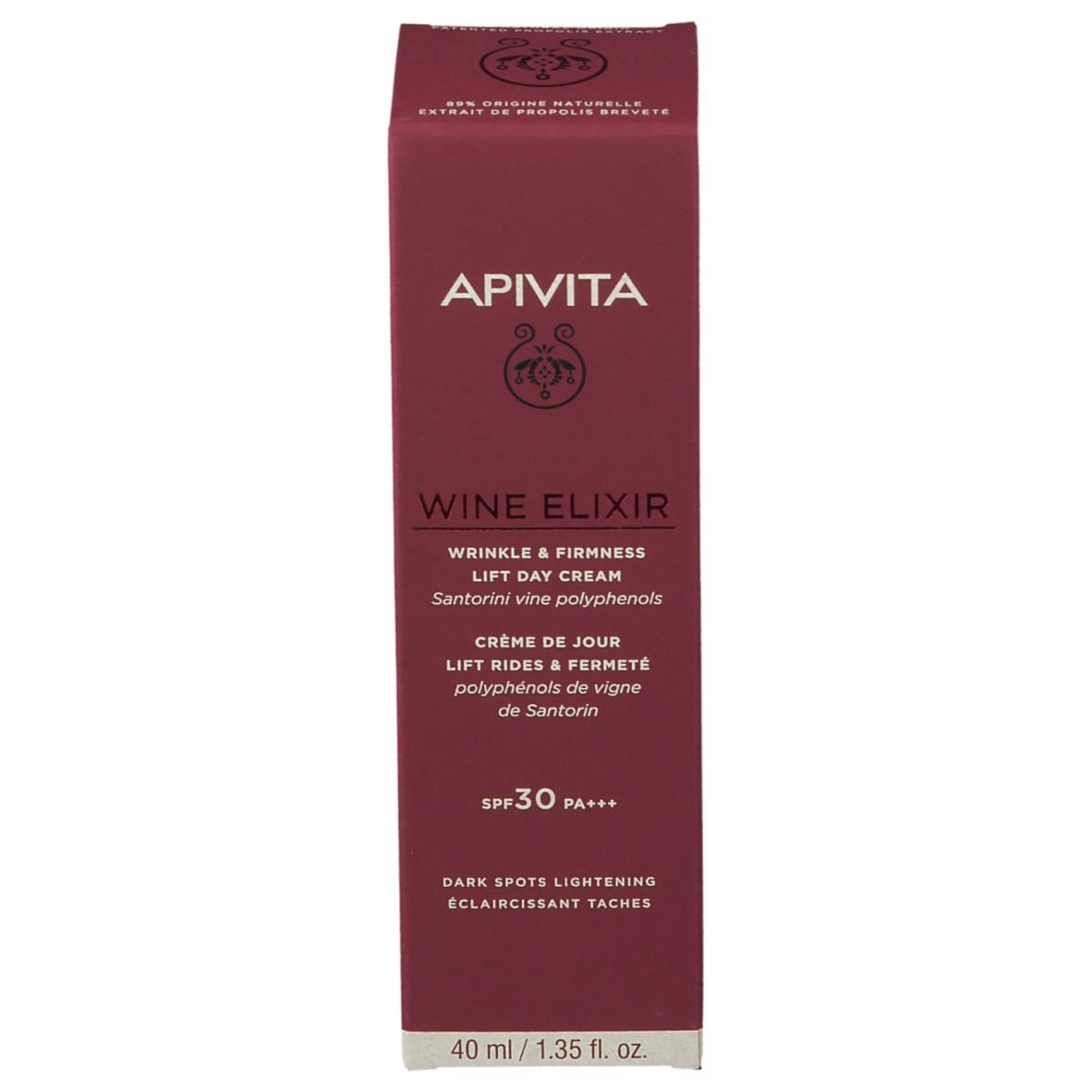 Produktverpackung, Seite mit Text. Aufschrift: APIVITA, WINE ELIXIR, Lift Tagescreme LSF 30. Produkt für Falten & Festigkeit.