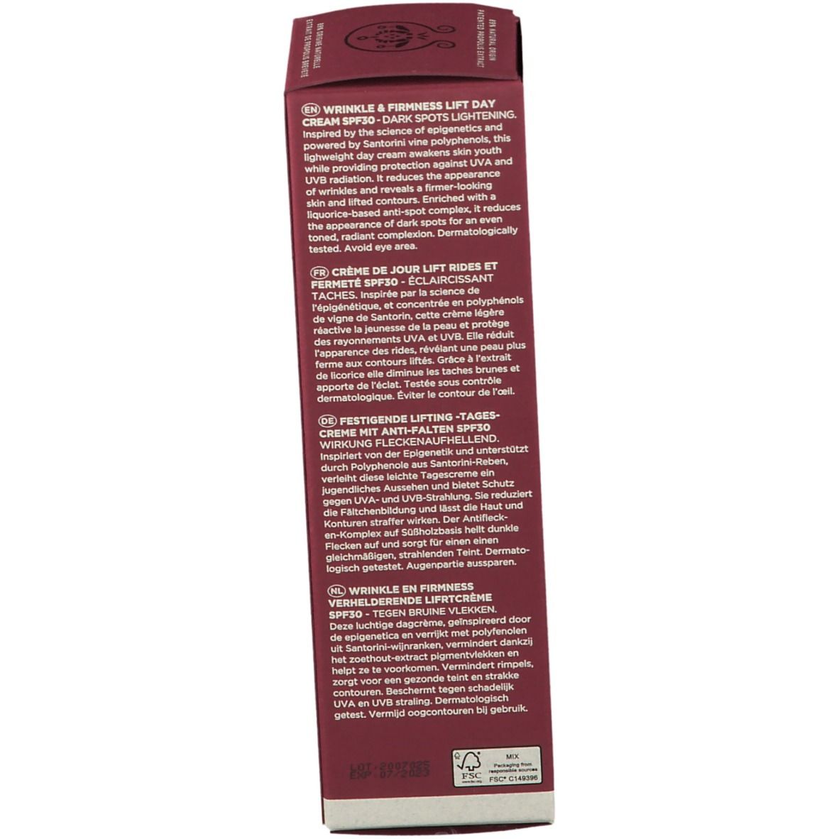 Produktverpackung, Seite mit Text. Mehrsprachige Produktbeschreibung. Marke, Inhalt, Adresse.