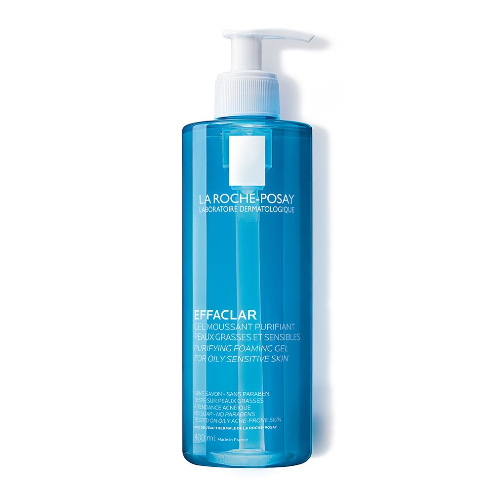 La Roche-Posay Effaclar gel moussant. Flacon bleu avec pompe. Texte: Effaclar, pour peaux grasses. Marque et logo visibles.