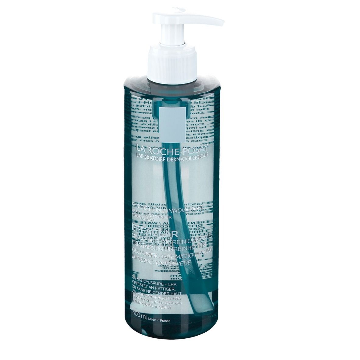 La Roche-Posay Effaclar gel. Flacon transparent avec pompe. Produit vu de dos.