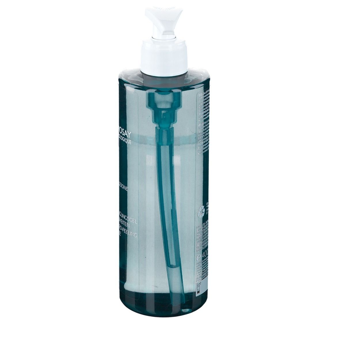 La Roche-Posay Effaclar gel. Flacon transparent avec pompe. Vue détaillée arrière.