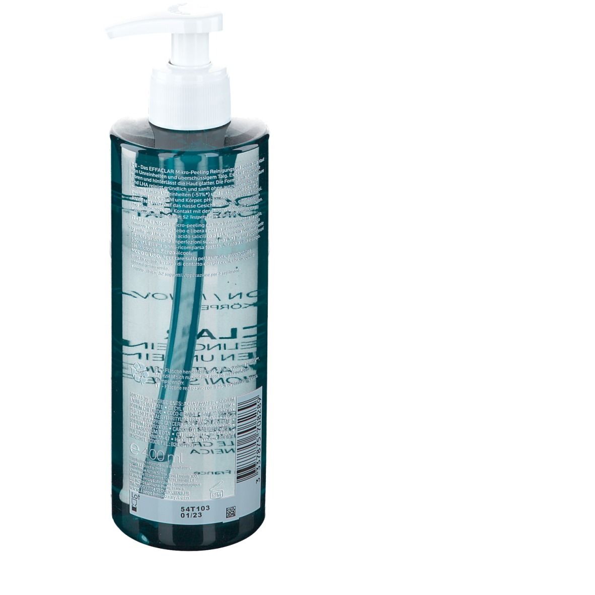 La Roche-Posay Effaclar gel. Flacon transparent avec pompe. Dos avec texte.