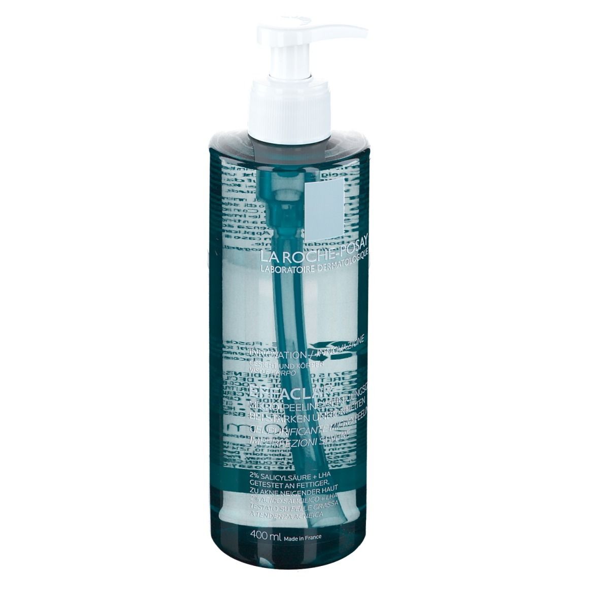La Roche-Posay Effaclar gel. Flacon transparent avec pompe. Dos avec texte.