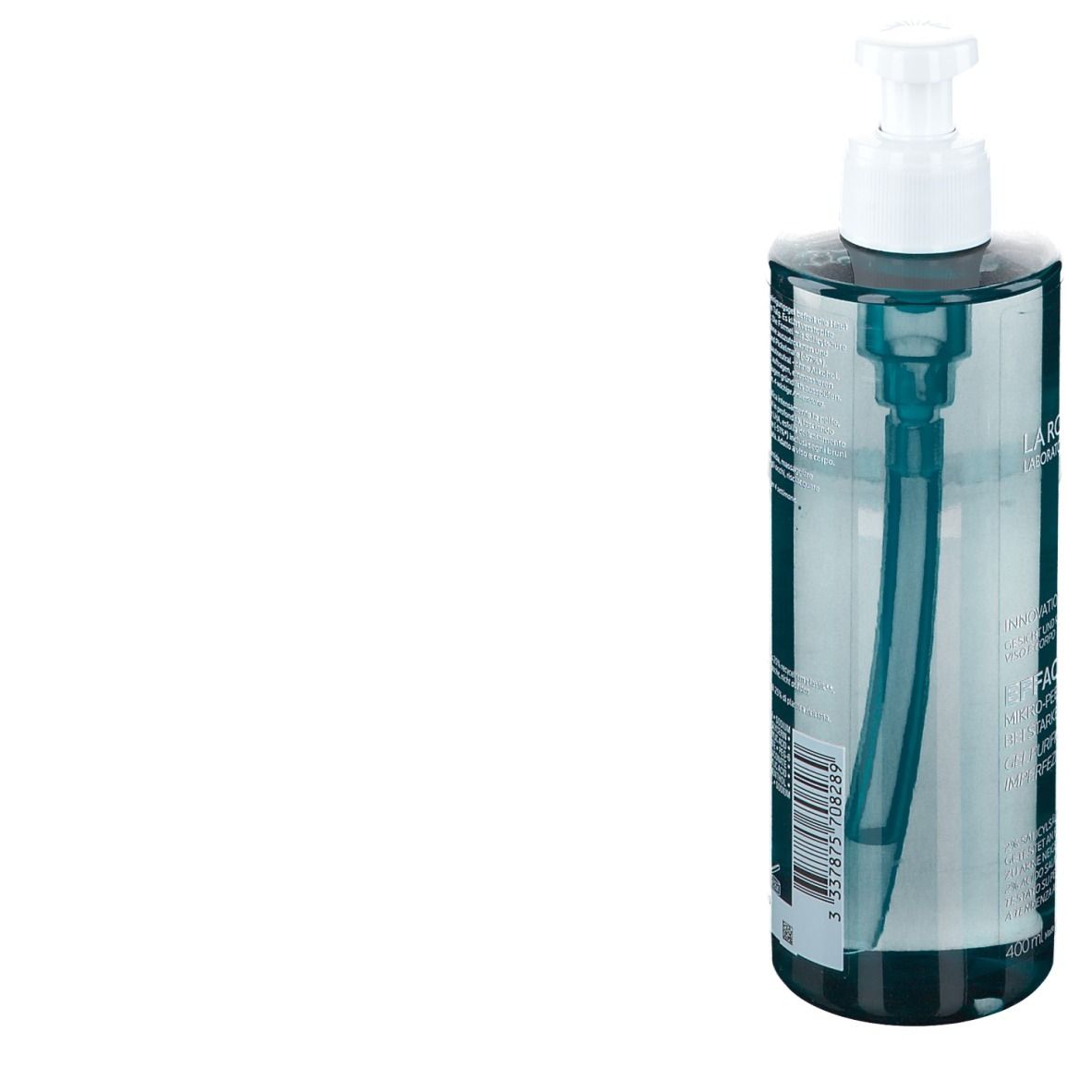 La Roche-Posay Effaclar gel. Flacon transparent avec pompe. Dos avec texte.