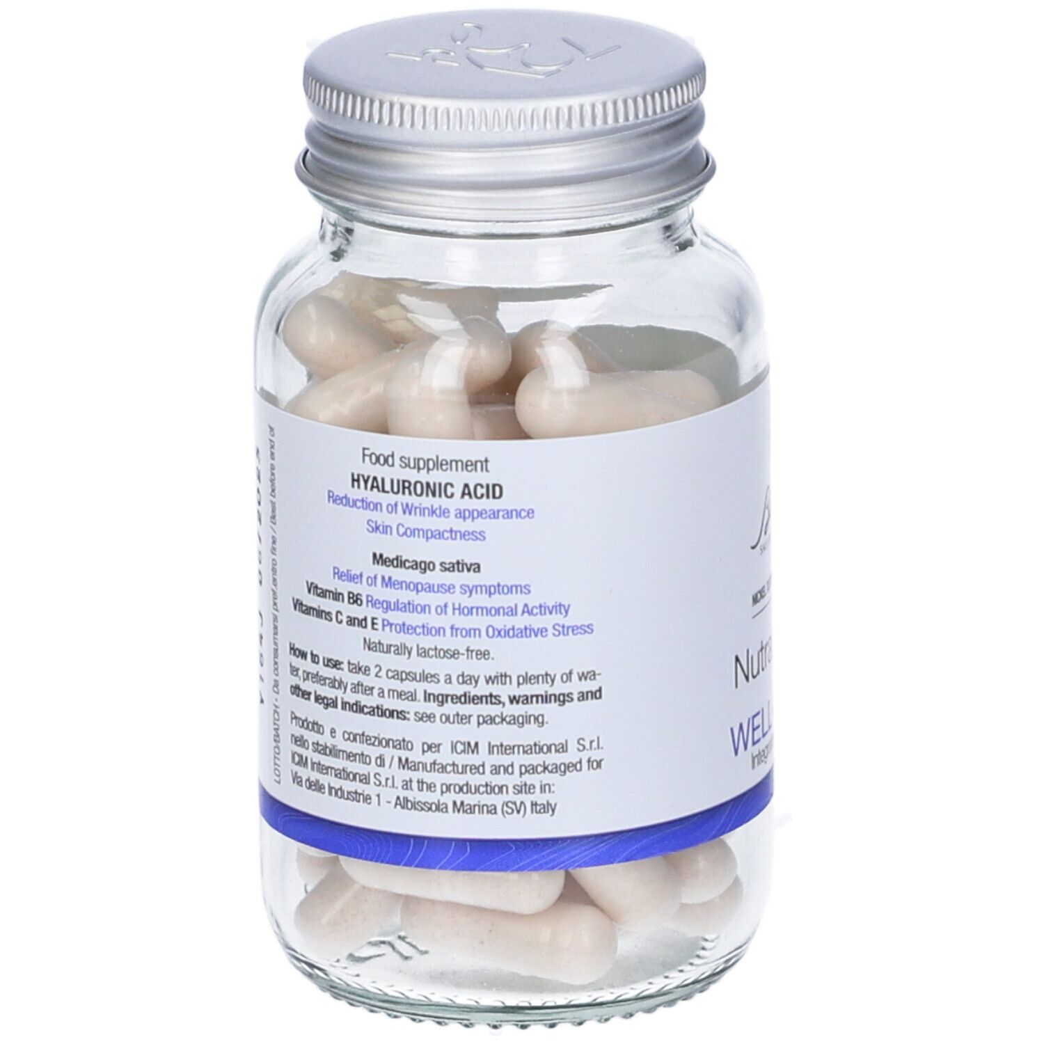 Glasflasche mit Kapseln. Etikett mit Inhaltsstoffen: Hyaluronsäure, Medicago sativa, Vitamin B6, C und E.