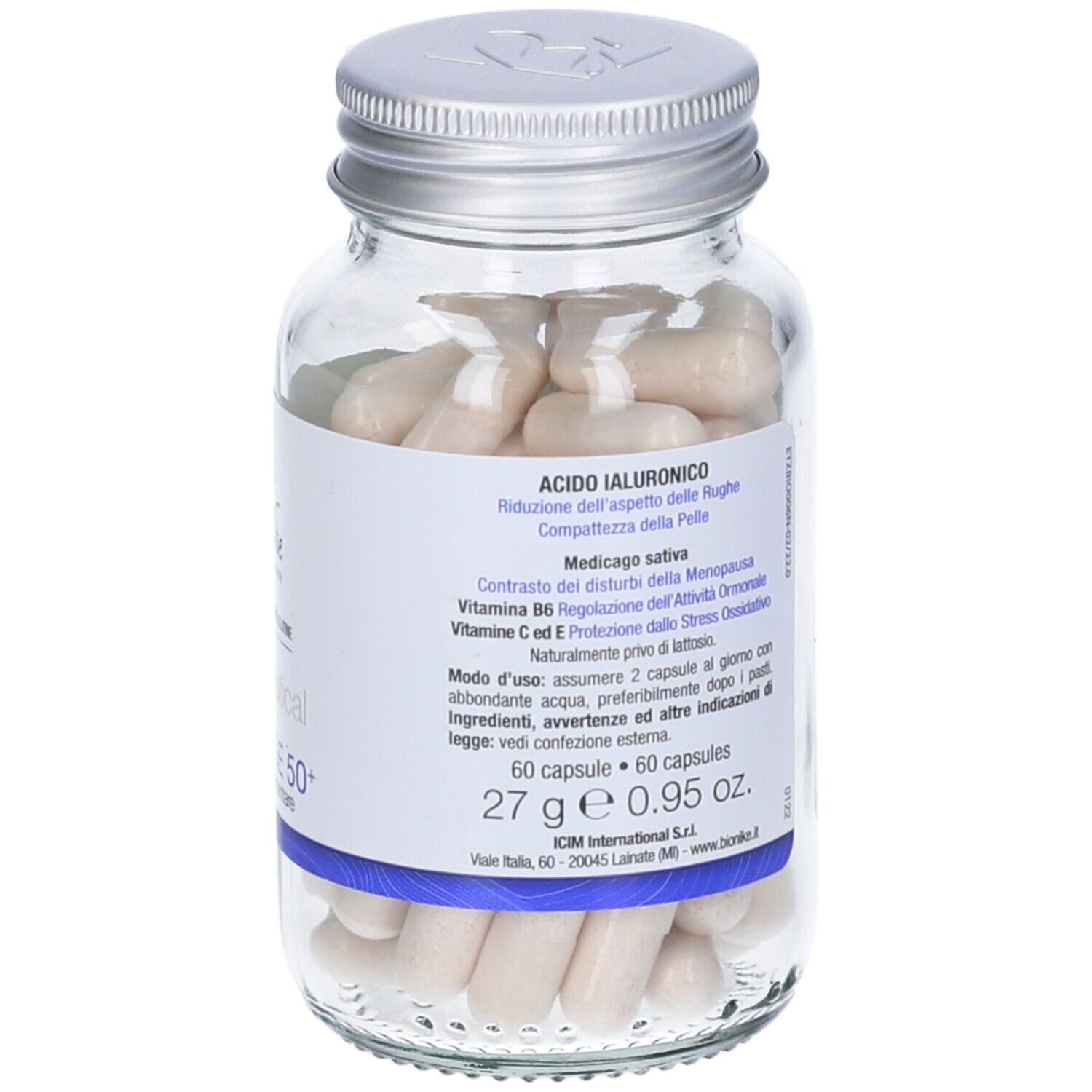 Glasflasche mit Kapseln. Etikett mit Inhaltsstoffen: Hyaluronsäure, Medicago sativa, Vitamin B6, C und E. 60 Kapseln.