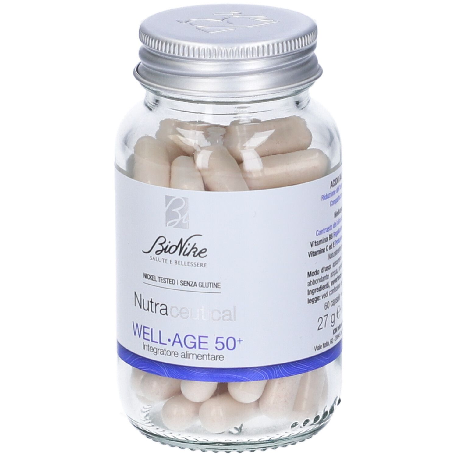 Glasflasche mit Kapseln. Etikett mit "BioNike Nutraceucal WELL-AGE 50+". 27g.