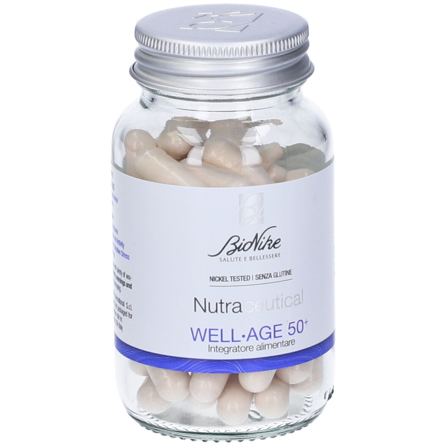 Glasflasche mit Kapseln. Etikett mit "BioNike Nutraceucal WELL-AGE 50+".