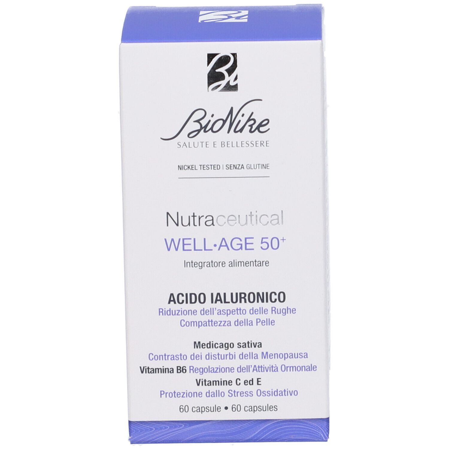 Schachtel mit "BioNike Nutraceucal WELL-AGE 50+". Enthält 60 Kapseln.
