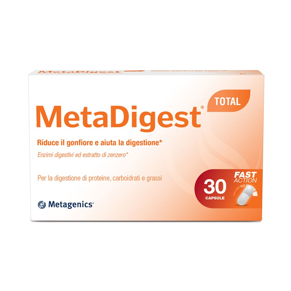 Weiße Schachtel mit MetaDigest-Logo und Text. Enthält 30 Kapseln. Marke Metagenics.
