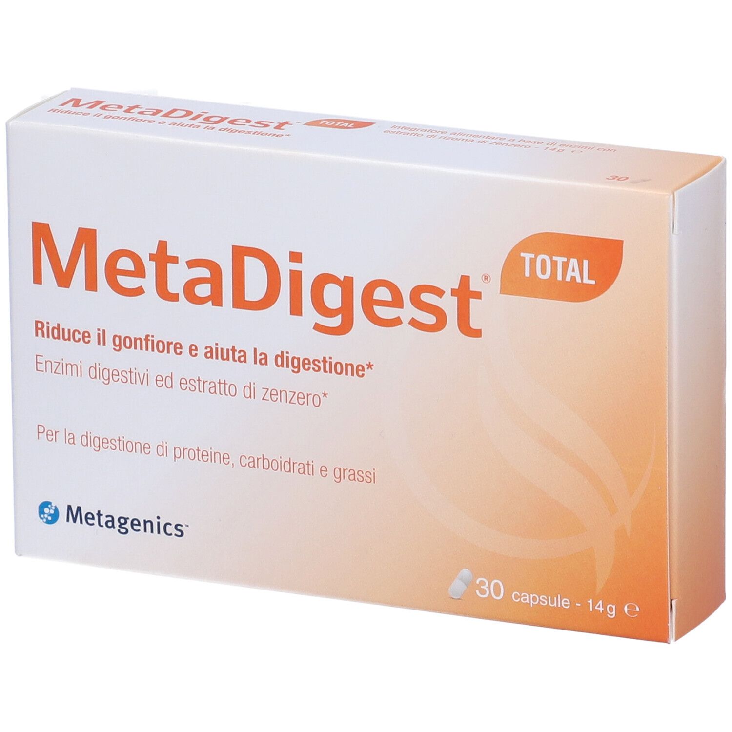 Schachtel MetaDigest, weiß mit orangefarbenem Verlauf. Enthält 30 Kapseln. Marke Metagenics.