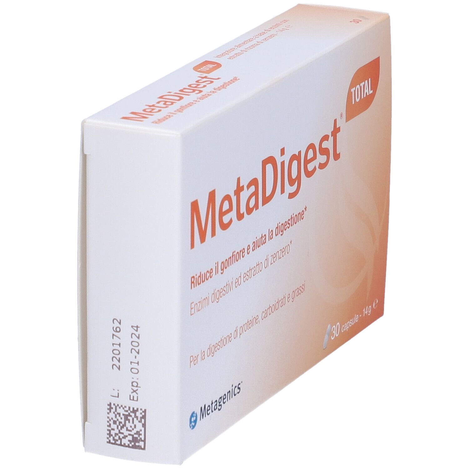 MetaDigest-Schachtel, weiß mit Text und Logo. Enthält 30 Kapseln. Marke Metagenics.