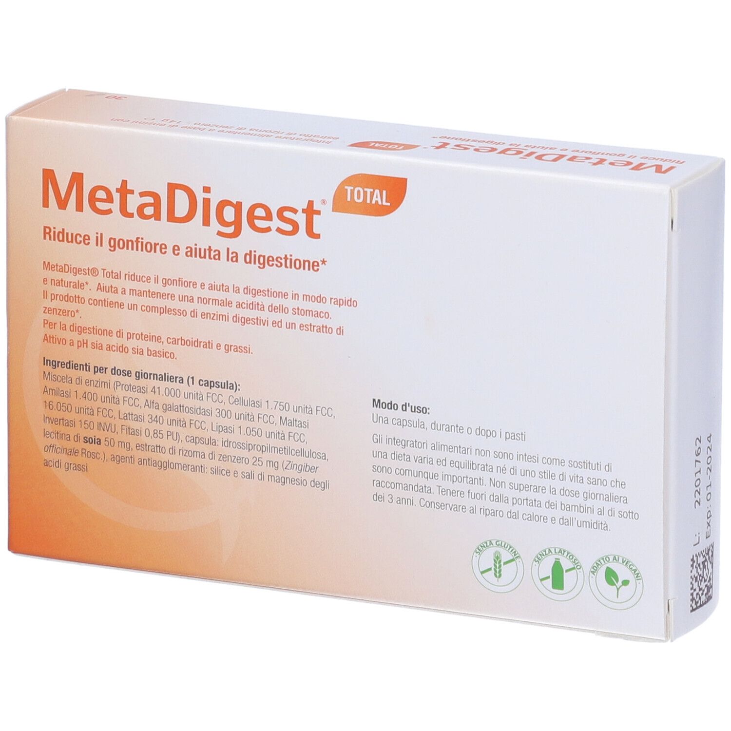 MetaDigest-Schachtel, weiß mit Text und Logo. Enthält 30 Kapseln. Marke Metagenics.