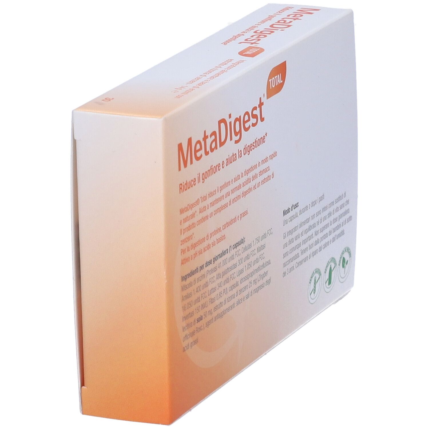 MetaDigest-Schachtel, weiß mit Text und Logo. Enthält 30 Kapseln. Marke Metagenics.