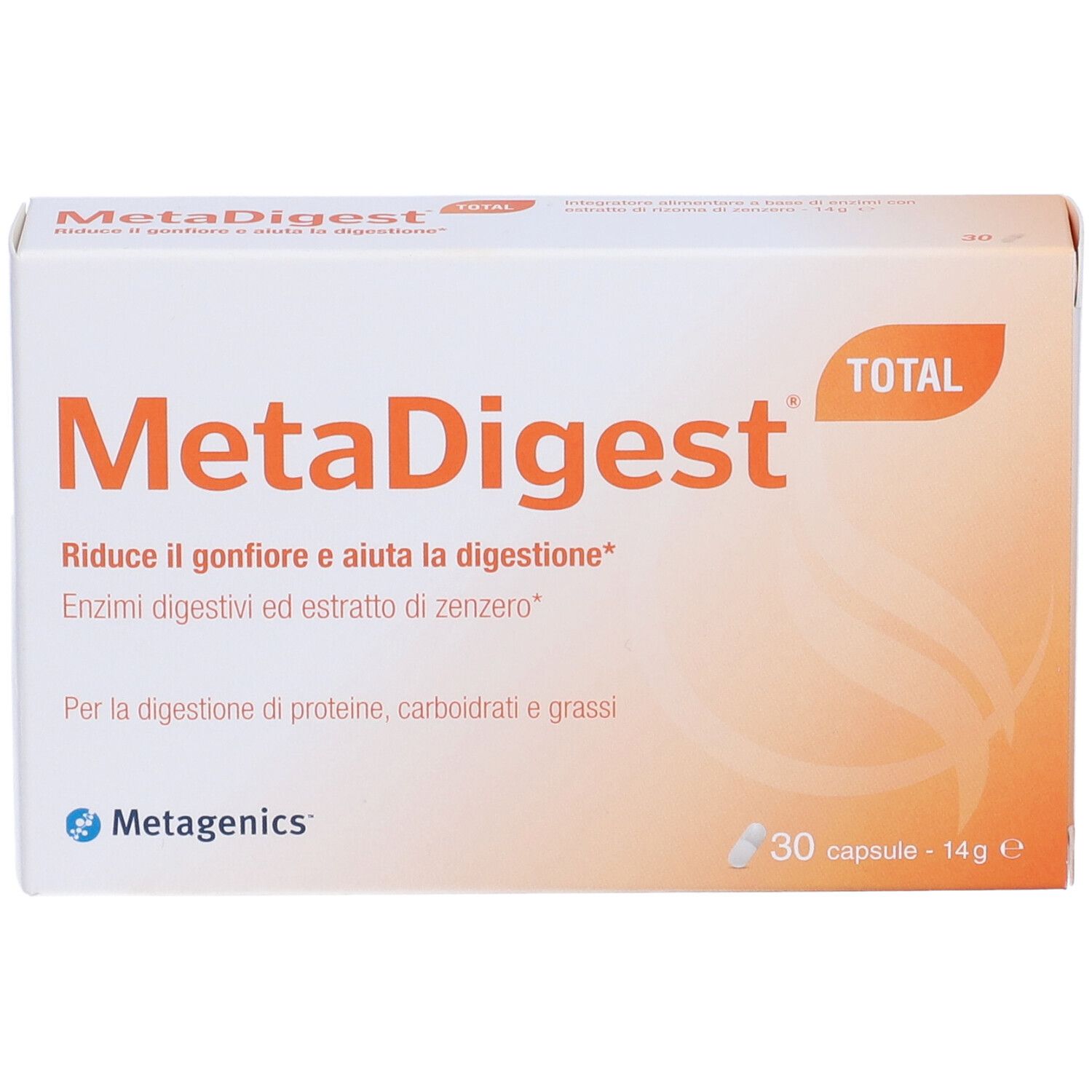 Weiße Schachtel MetaDigest mit Text und Logo. Enthält 30 Kapseln. Marke Metagenics.