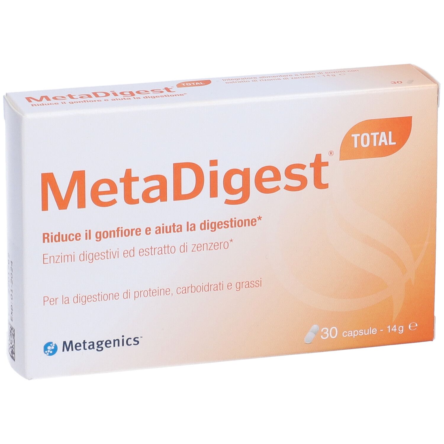 Weiße Schachtel MetaDigest mit Text und Logo. Enthält 30 Kapseln. Marke Metagenics.