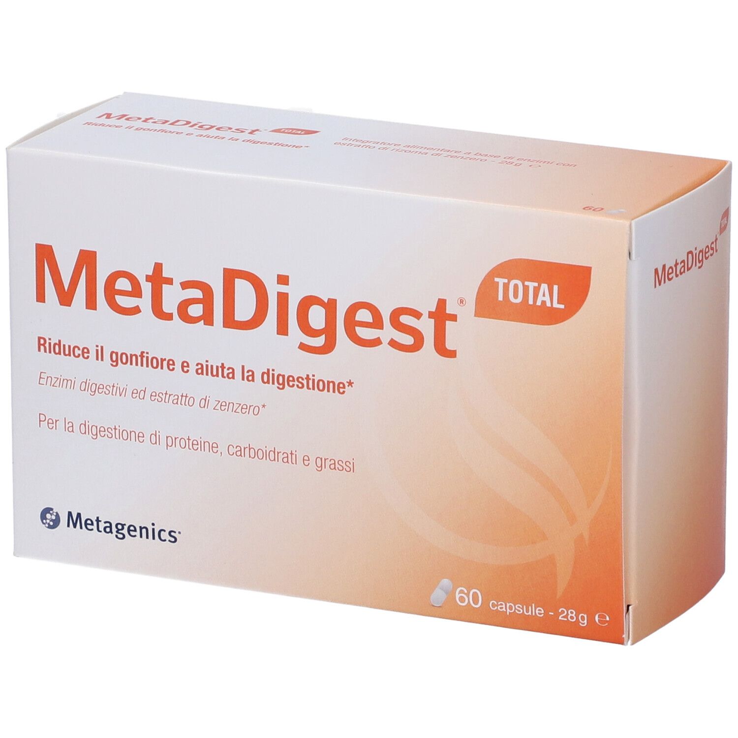 Verpackung von MetaDigest Total. Enthält 60 Kapseln. Aufschrift: Reduziert Blähungen und unterstützt die Verdauung.