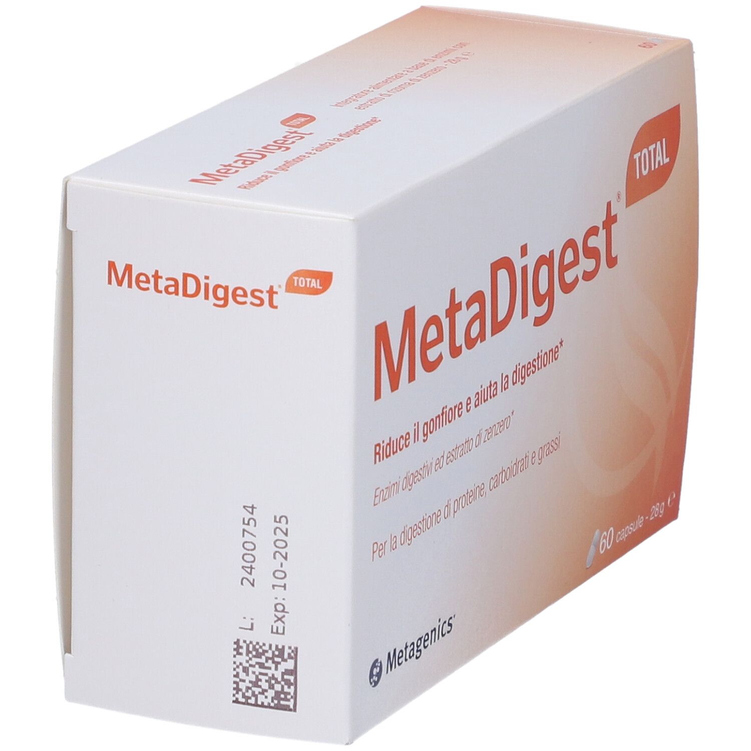 MetaDigest Total-Verpackung. Enthält 60 Kapseln. Aufdruck mit Haltbarkeitsdatum und Chargennummer. Marke Metagenics.