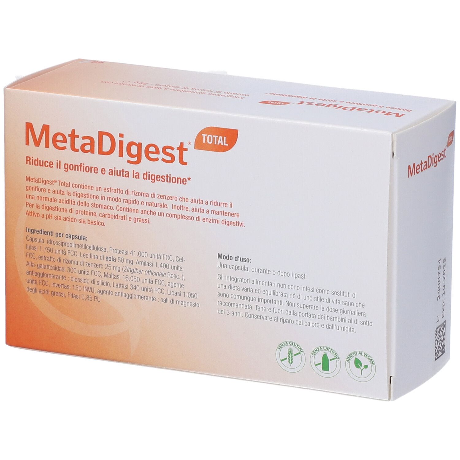 MetaDigest Total-Verpackung. Enthält 60 Kapseln. Text über Inhaltsstoffe und Anwendung. Marke Metagenics.