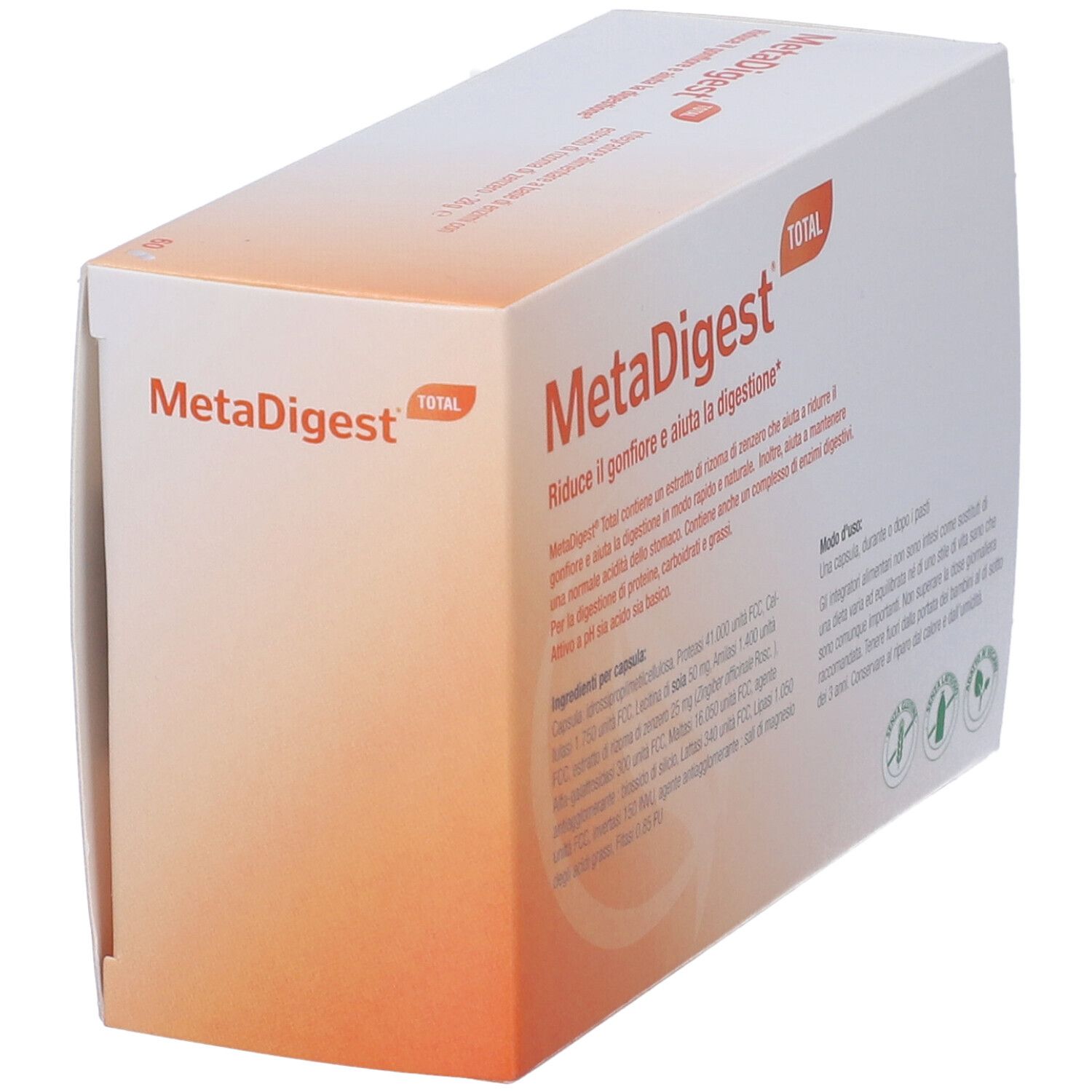 MetaDigest Total-Verpackung. Enthält 60 Kapseln. Text über Inhaltsstoffe und Anwendung. Marke Metagenics.