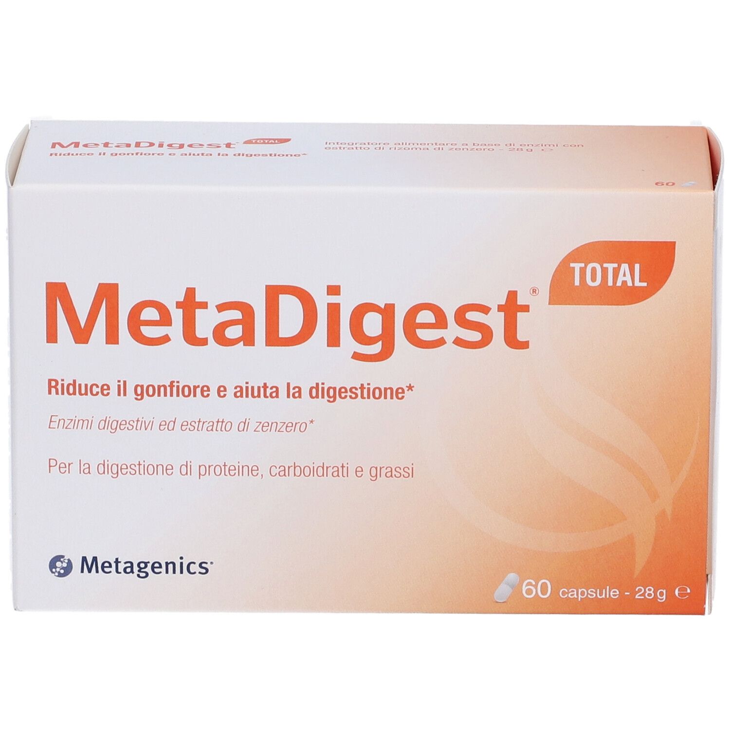 MetaDigest Total-Verpackung. Enthält 60 Kapseln. Aufschrift: Reduziert Blähungen und unterstützt die Verdauung. Marke Metagenics.