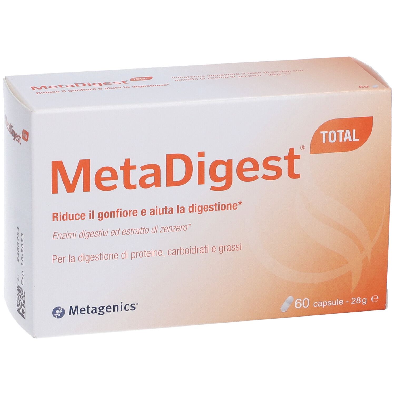 MetaDigest Total-Verpackung. Enthält 60 Kapseln. Aufschrift: Reduziert Blähungen und unterstützt die Verdauung. Marke Metagenics.