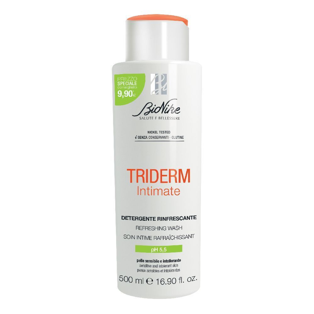 Weißes Flakon mit orangefarbenem Deckel. Aufschrift: TRIDERM Intimate, pH 5,5. Produktname und Marke sichtbar.
